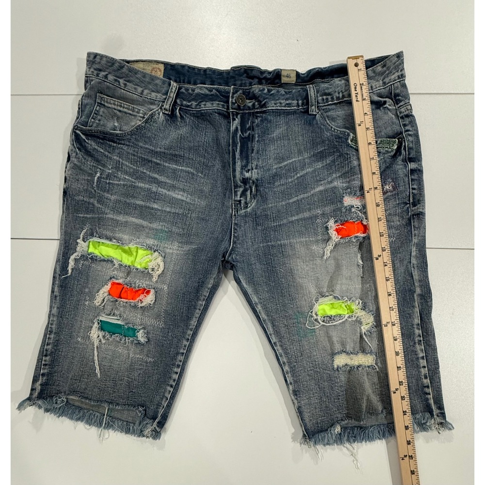 SMOKE RISE Denim Shorts Men Size 46 Distressed Neon Patch Frayed Hem 100 - Picture 9 of 12